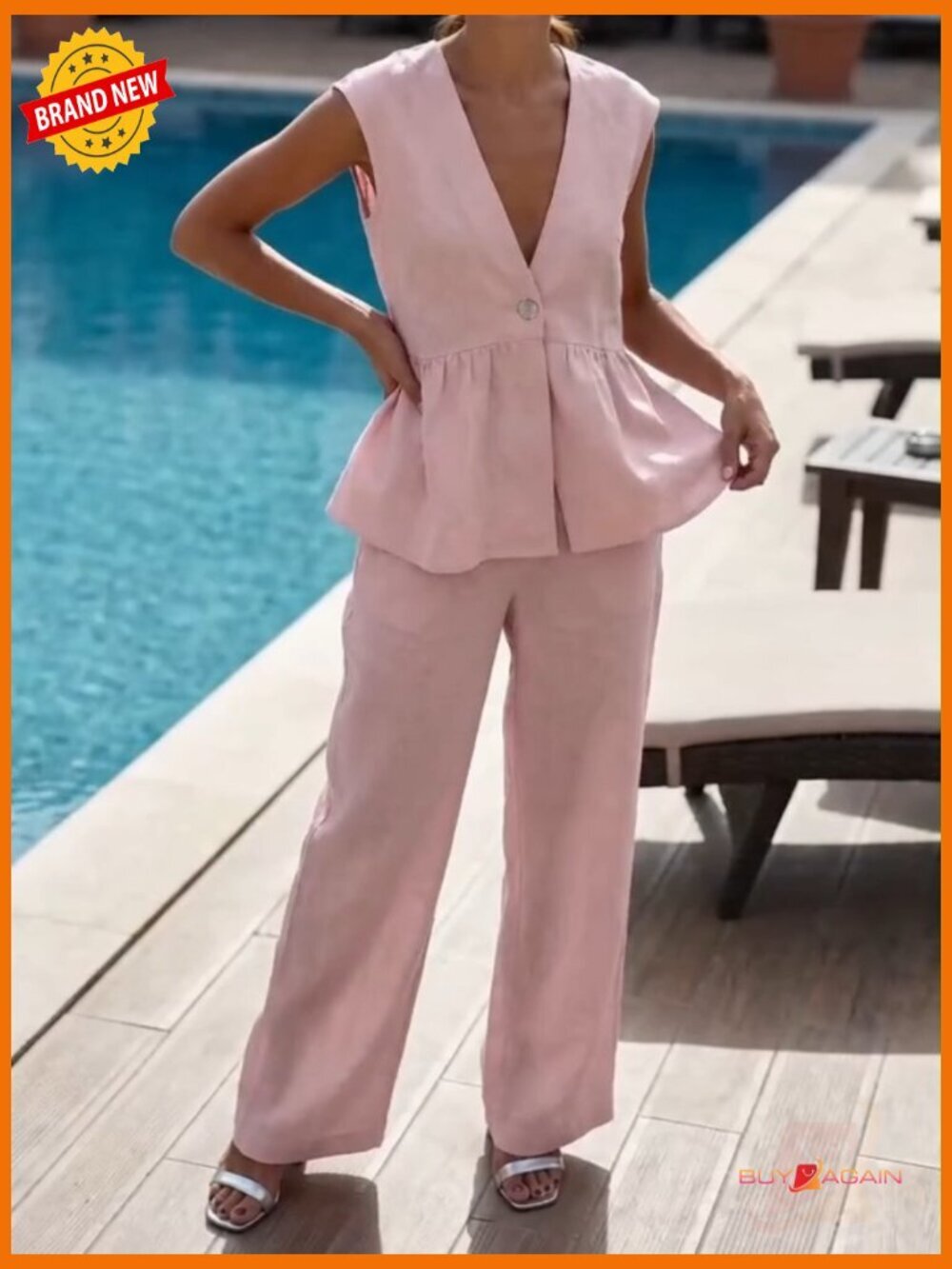Sleeveless V Neck Peplum Top Wide Leg Pant Set 2 Piece Lounge Outfit - Picture 7 of 7